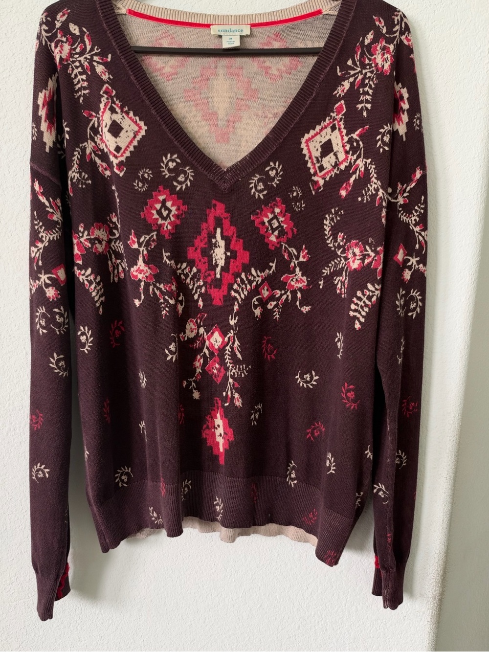 Floral Aztec V-Neck Sweater - Burgundy/Pink
